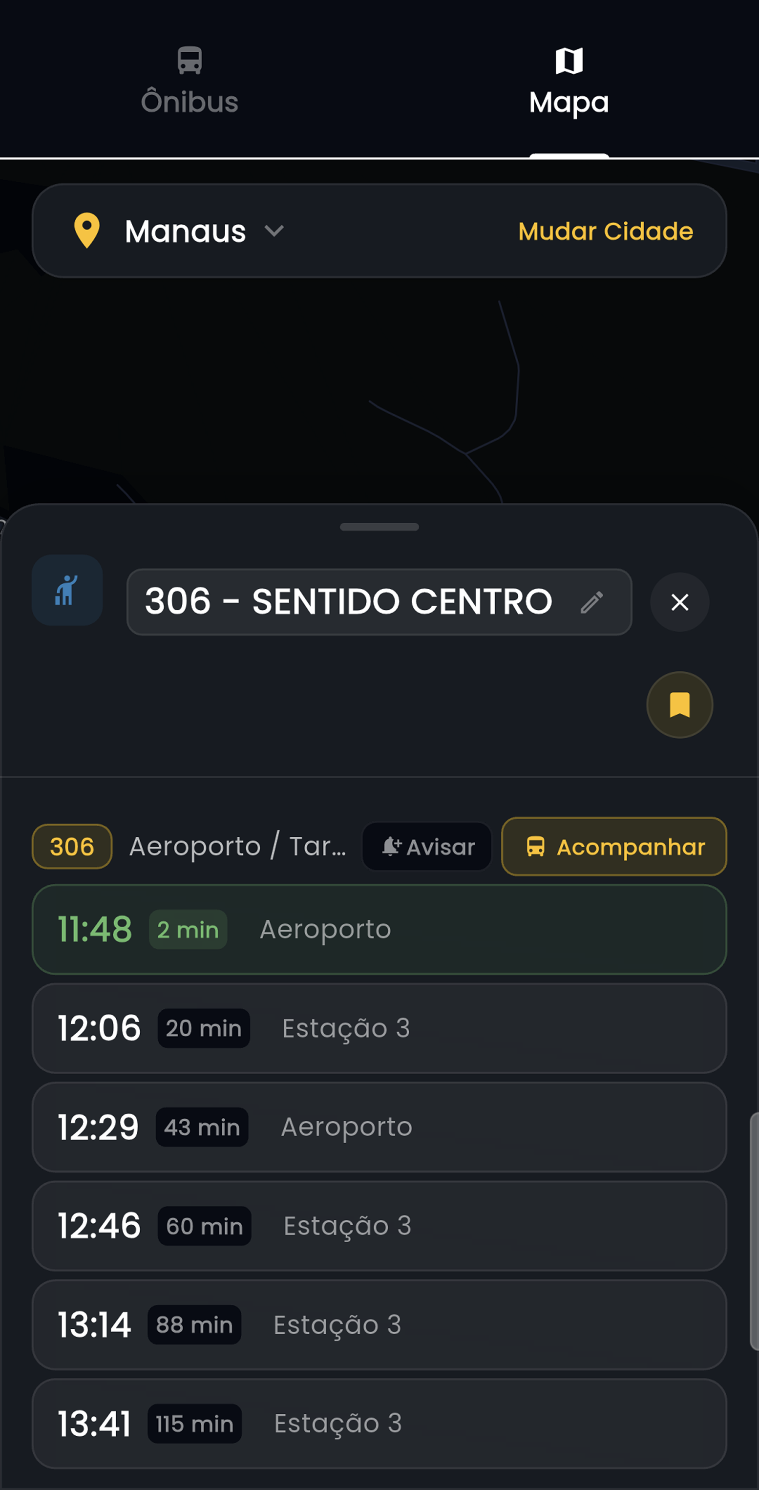 Tela de linhas de ônibus do Transporte Brasil